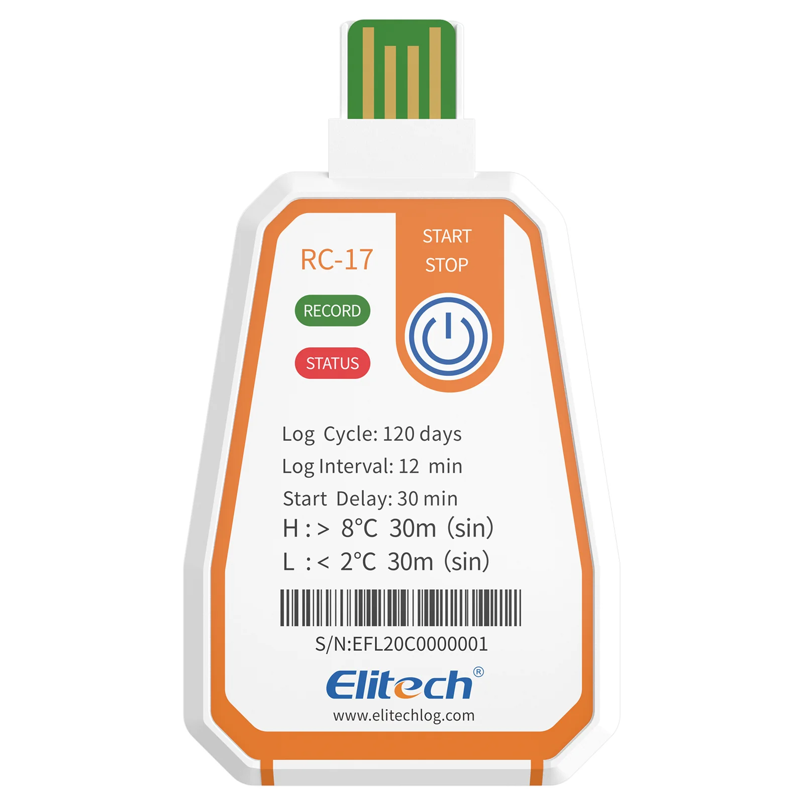 Máy ghi dữ liệu nhiệt độ dùng một lần Elitech RC-17 USB Báo cáo PDF Chỉ báo 2 màu 01