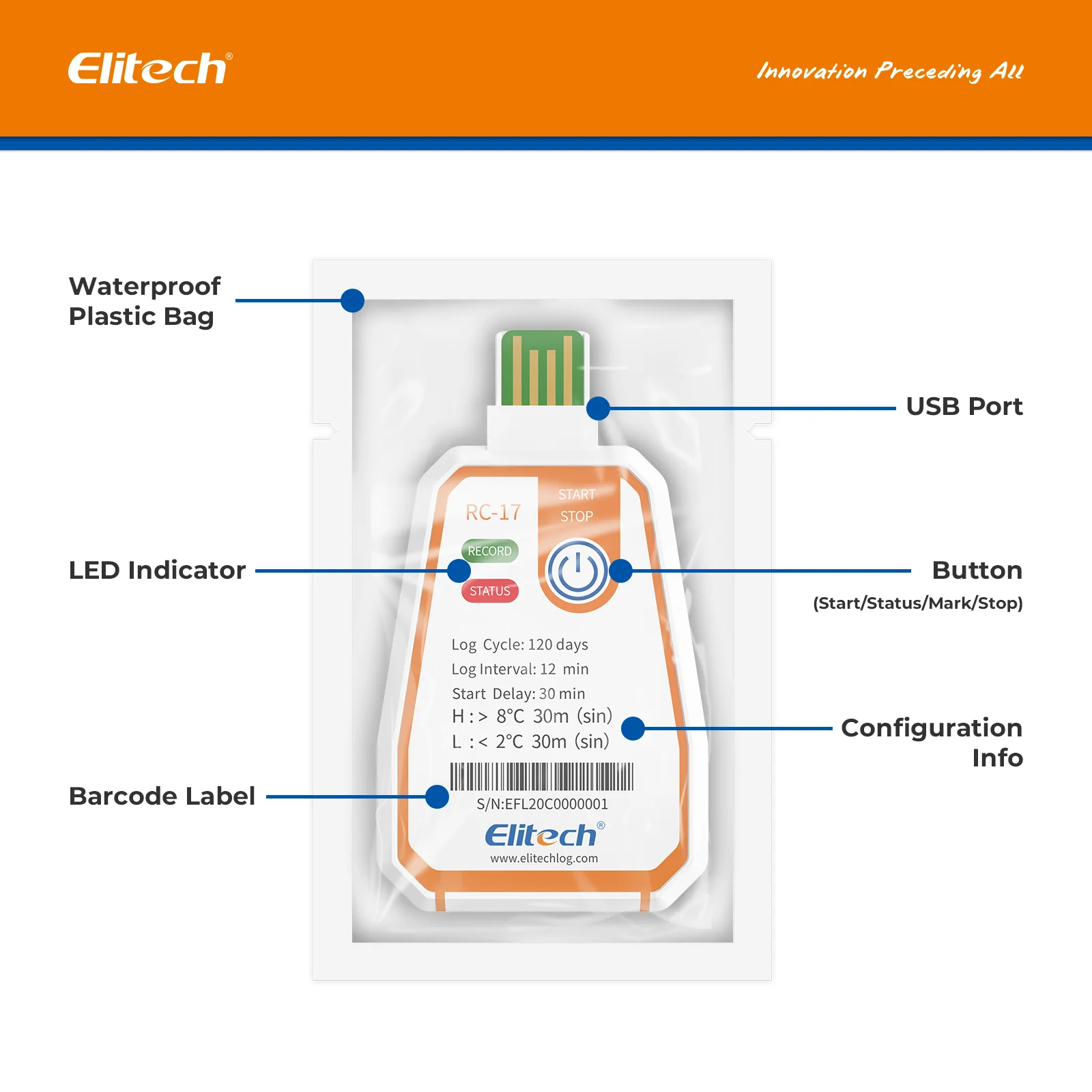 Máy ghi dữ liệu nhiệt độ dùng một lần Elitech RC-17 USB Báo cáo PDF Chỉ báo 2 màu 05