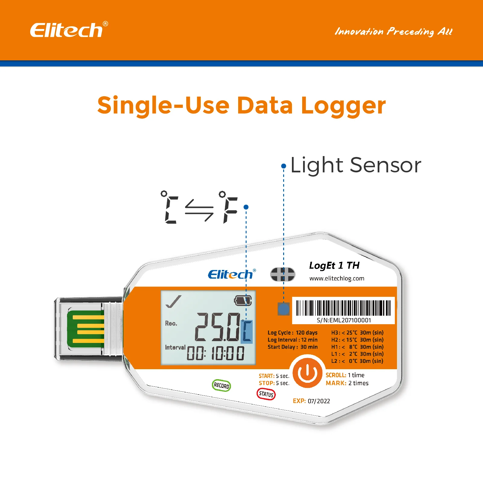 Máy ghi dữ liệu nhiệt độ và độ ẩm dùng một lần Elitech LogEt-1TH 02
